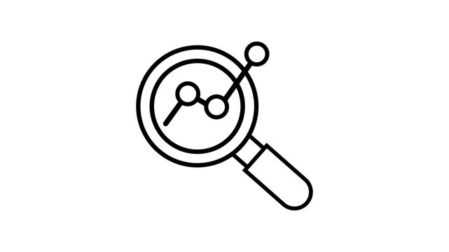 Magnifying glass with chart inside a black line icon on a white background magnifyingglass searchicon
