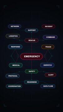 Emergency response mind map animation HUD tech diagram dark loop