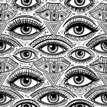 Mystic Eye Pattern, Esoteric Symbolism, Occult Design, All Seeing Eyes, Spiritual Art, Tattoo Style, Black and White Illustration, Psychedelic Art