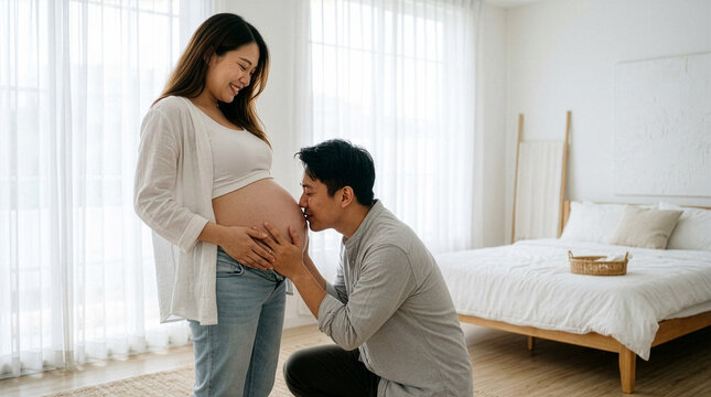 Loving husband kneeling and kissing pregnant wife belly in spacious bedroom stock photo representing young family parenting journey pregnancy care emotional support and warm home lifestyle