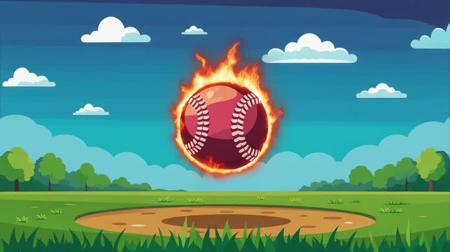 Baseball on Fire Dramatically Hovers Above a Green Field Featuring a Powerful Burning Ball and Dynamic Flames Against a Vibrant Blue Sky Background