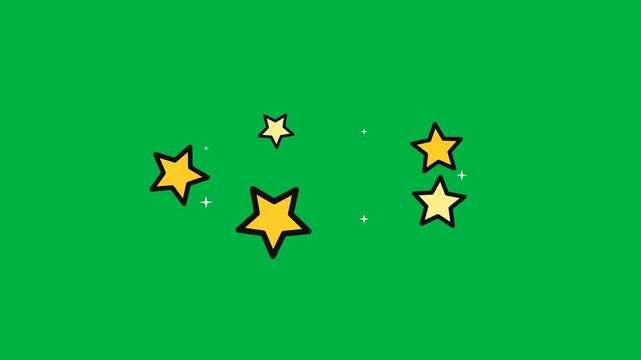 Cartoon dizzy stars spin and orbit in a circle with tiny white sparkles as a seamless loop effect for a confused or knocked out moment on a green screen