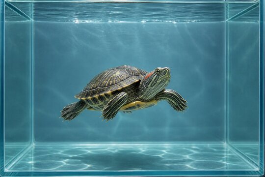 Red eared slider turtle swimming inside glass aquarium tank