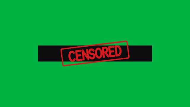 Black censorship bar slides across the frame and a grungy red censored rubber stamp slams onto it with a quick shake on a green screen