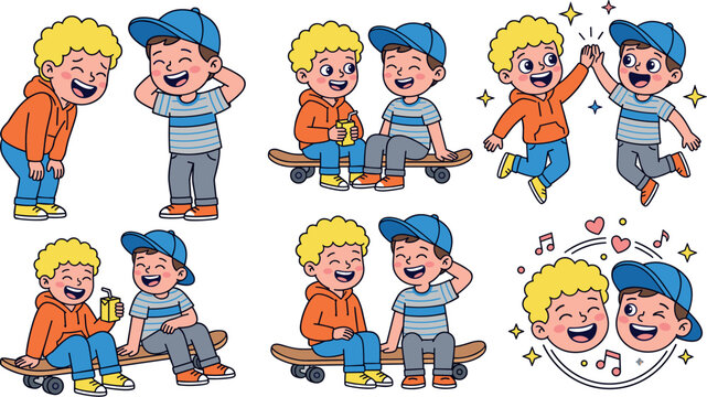 Cute Cartoon Boy Best Friends Character Vector Set Showing Two Happy Kids Laughing Playing Riding Skateboard and High Five Activities