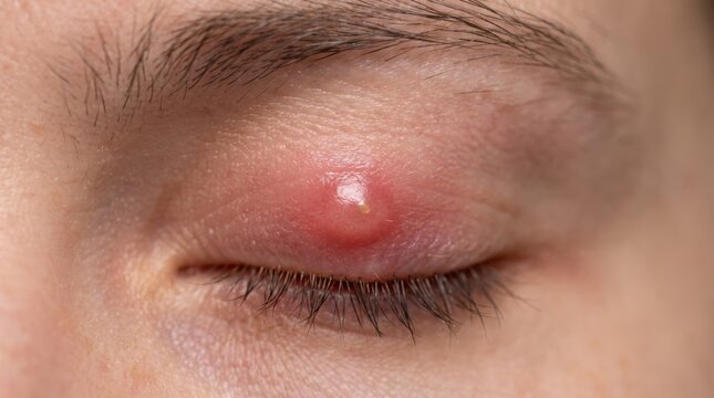 Medical concept showing a painful stye infection and swelling on upper eye lid skin.