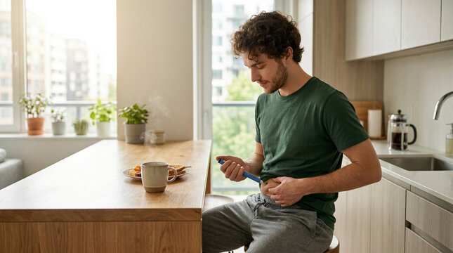 Young Man Administering Insulin Injection for Diabetes Management in a Bright Kitchen