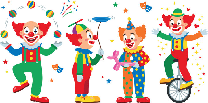 Cute Circus Clown Character Vector Set Featuring Performers Juggling Balls Balancing Plates Twisting Balloon Animals And Riding Unicycle For Birthday Designs