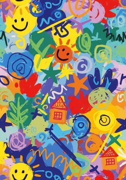 Colorful Children's Playful Scribbles Pattern, Joyful Abstract Art, Bright Doodles, Sunny Faces, Simple Houses, Swirls, Stars