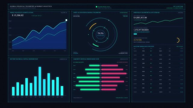 Financial dashboard motion graphic with bar chart, graph and stats