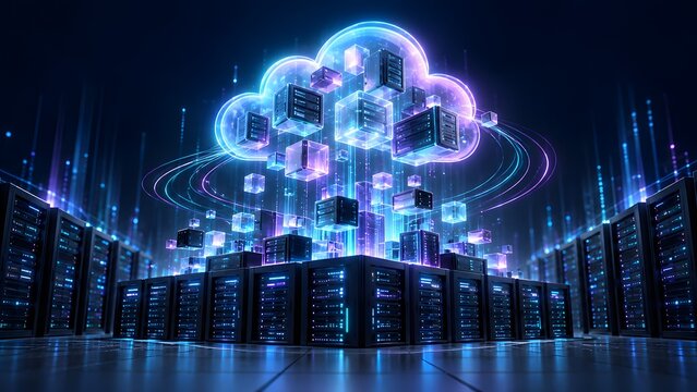 Advanced cloud computing infrastructure and futuristic data center room with glowing servers and digital network symbols, representing big data storage and global connectivity for businesses.