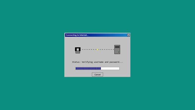 Captivating retro digital rendering of an internet connection dialog, showcasing vintage computer aesthetics and the timeless allure of early web browsing experiences