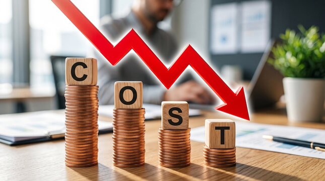 Declining cost trend with stacked coins illustrating financial loss