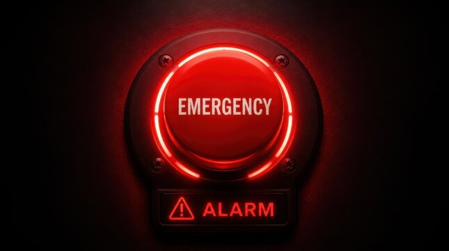 A glowing red emergency alarm button illuminated against a dark background, signaling urgent attention or danger.