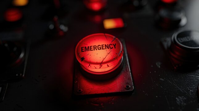 A red emergency button illuminated on a dark control panel, signaling urgent action or alert.