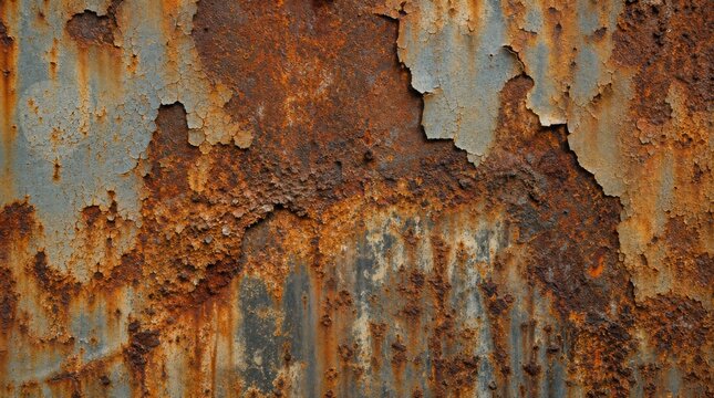 Close-up of a heavily rusted, corroded metal surface with peeling paint and varied textures.