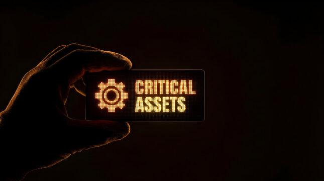 A hand holding a small glowing display screen showing the text critical assets with gear icon