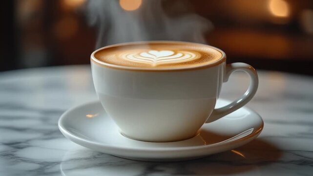 Steaming Cup of Latte Art Coffee on Elegant Marble Table