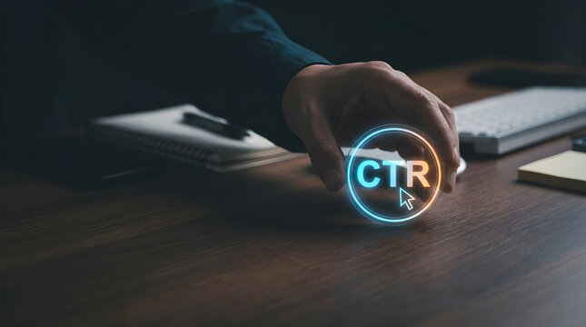 A hand placing a glowing digital click through rate icon on a dark wooden office desk
