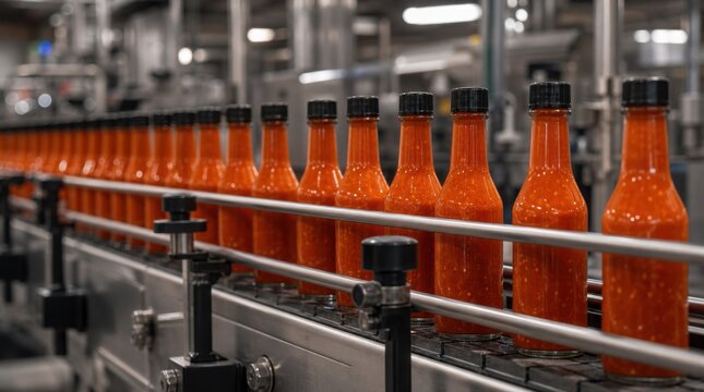 A production line of identical hot sauce bottles moving on a conveyor belt in a modern factory setting.