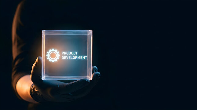 A person in a black glove holding a glowing transparent cube with product development text