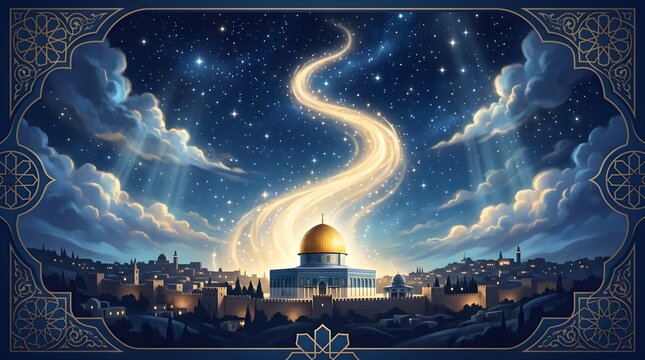 Isra Mi'raj Religious Celebration with Luminous Mosque Illustration