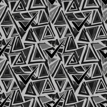 Abstract geometric pattern with triangles and check marks, monochrome graphic texture
