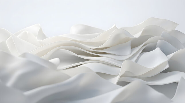 Layered white wave background with soft shadows. Modern architectural paper craft concept. Smooth curved geometric layers floating across horizontal view