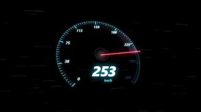Speedometer dial with illuminated needle accelerating through numbers on black background