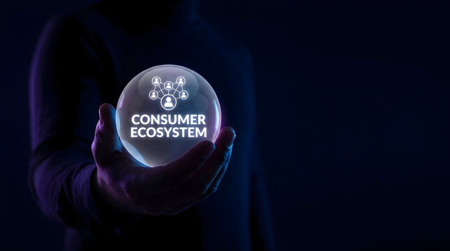 Person holding a glowing glass sphere with a consumer ecosystem network icon in the dark