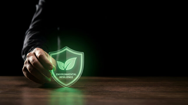 A hand placing a glowing green shield icon representing environmental resilience on a wooden table