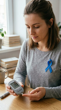 Woman with blue ribbon testing blood sugar levels with glucose meter diabetes awareness