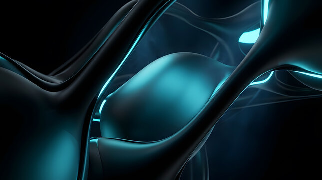 Futuristic matte black organic form illuminated with cyan neon light. Artificial intelligence and cybernetic technology concept. Curved dark biotech mesh glowing with bright aqua laser lines