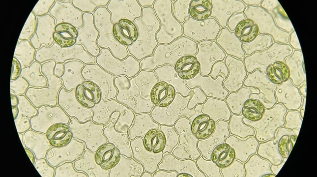 Microscopic view of plant leaf stomata and guard cells under a microscope