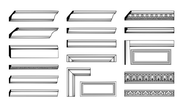 Classic Wall Ceiling Crown Molding Baseboard Cornice Architectural Trim Vector Set