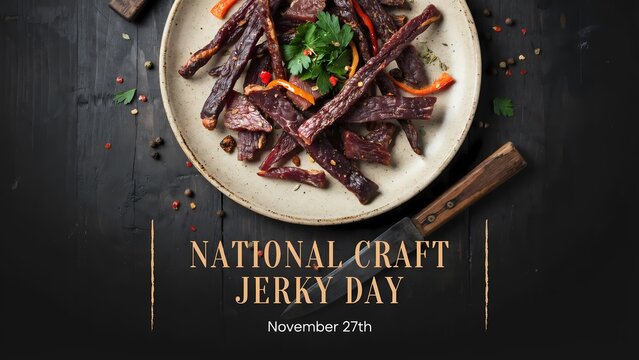 Plate of gourmet beef jerky strips served on a dark rustic wooden table for national craft jerky day