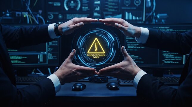 Corporate security team managing cyber threat alert in control center