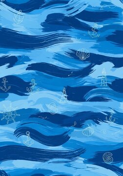 Abstract blue ocean waves with nautical motifs.
