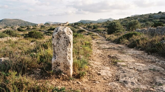 Ancient Greek Stone Road Marker in Mediterranean Landscape for Historical Travel