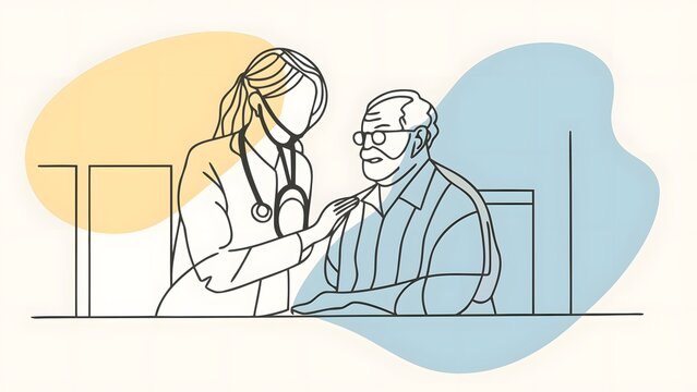 Elderly patient care and geriatric medical checkup. Senior healthcare support and doctor visit. Female doctor examining senior male patient in clinic