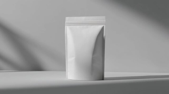 White Stand up Pouch Mockup with Moving Palm Leaf Shadows on Gray Background