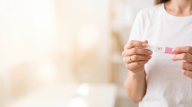 Woman holding pregnancy test in hands, close-up view of medical device