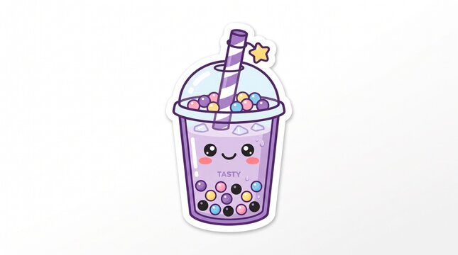 Taro Boba Milk Tea Cute Sticker Illustration Isolated on White &ndash; Purple Bubble Tea Drink