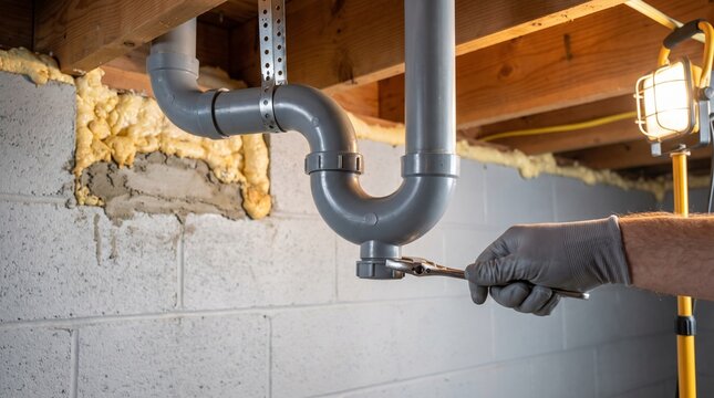 Plumber fixing PVC drain pipe under basement ceiling with wrench