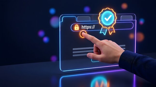 Secure web connection concept featuring a user clicking a glowing digital https padlock and verified certificate seal for safe internet browsing