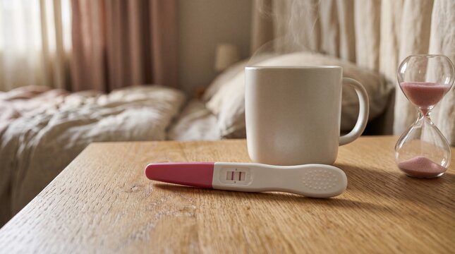 Positive pregnancy test resting on a wooden nightstand with a coffee mug