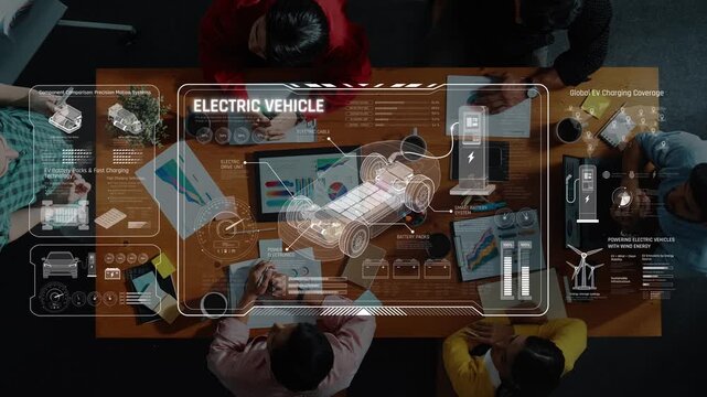 A top-down view of a modern workspace where diverse professionals collaborate on electric vehicle technology, showcasing digital graphics of charging solutions and innovative concepts. Raster