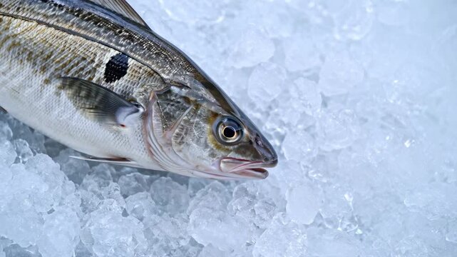 Fresh whole pollock on ice with copy space