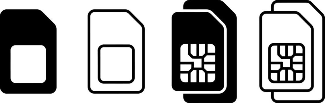 SIM card vector icons in solid silhouette and line outline styles representing dual SIM technology, mobile network connection and phone memory storage.