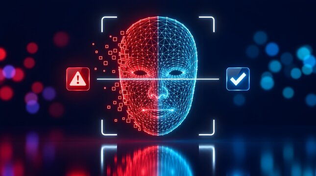 Advanced facial recognition concept showing a wireframe face scan splitting between a rejected red digital anomaly and an approved blue secure identity